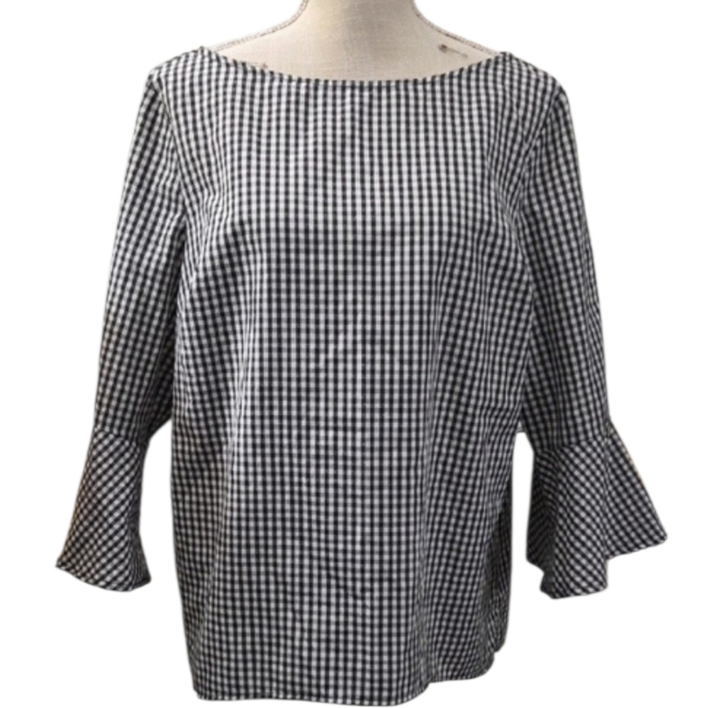 New Directions Black and White Gingham Bell Sleeve Top